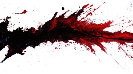 An abstract composition featuring bold splashes of red and black paint on a white background.