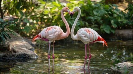 A pair of flamingos intertwined in an elegant display of courtship
