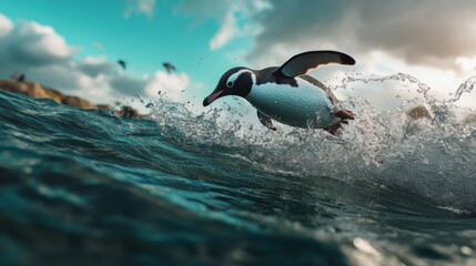 A penguin diving into the ocean with a splash