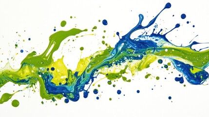 Abstract splashes of blue and green paint create a dynamic visual flow.