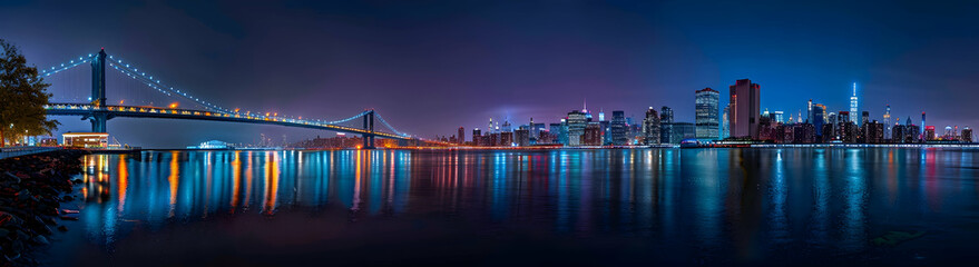Fototapeta premium Panoramic view of the New York skyline at night, illuminated buildings reflecting in the water