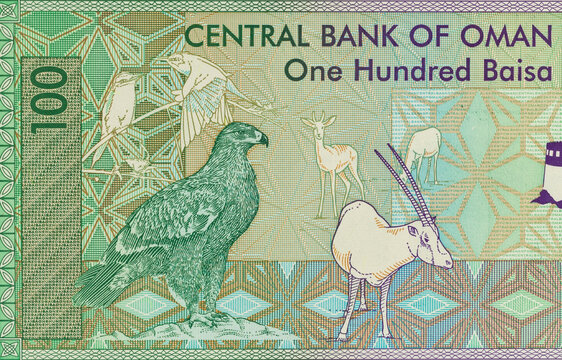 Omani 100 baisa note featuring verreaux eagle and white oryx portraits