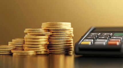 A stack of gold coins next to a card reader on a gold background.