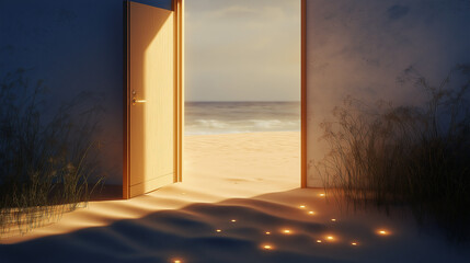 Fototapeta premium door to heaven, door to the sea, open door, dreamy background