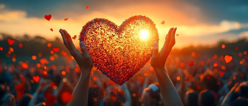 close-up of people hands holding a red heart at sky backdrop. symbolizing unity and world peace. charity and giving, love and compassion, positive mindset, global kindness