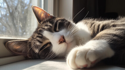 Resting Tabby Cat Soft Paw Focus Window Light Cozy Indoor Serenity