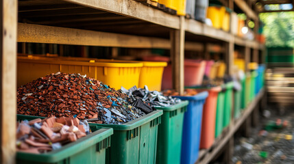Colorful Recycled Materials In Green Bins In Storage Area