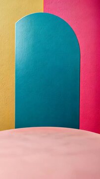A pink surface sits in front of a colorful wall with yellow, blue, and pink sections