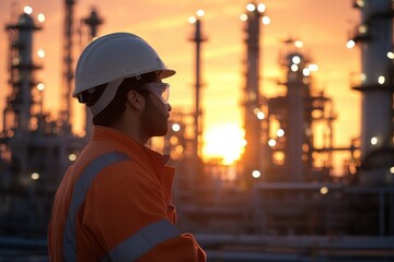 Industrial Worker Silhouetted Against Sunset at Refinery