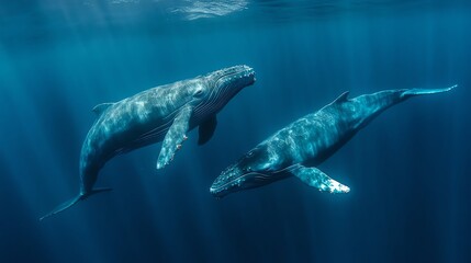 Two humpback whales swimming in the ocean.