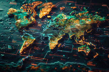 3D Cybernetic World Map with Digital Trade & Finance Elements