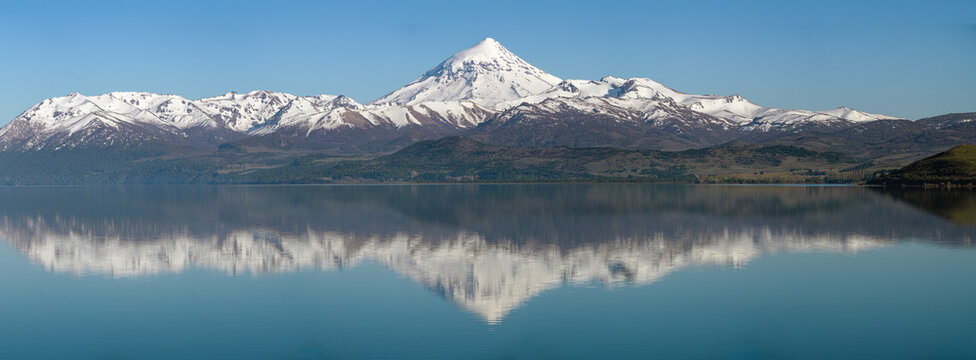 Wide angle panoramic view of Lanin National park on sunny spring day