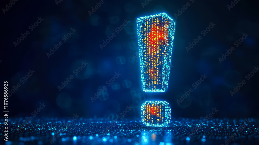 Poster glowing exclamation mark with binary code on blue background for ai alert systems