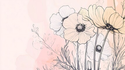 Delicate Black Line Drawings of Flowers on a Pink Watercolor Background