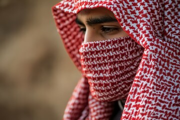 Close-up of a Man's Eye Partially Covered by a Red and White Keffiyeh