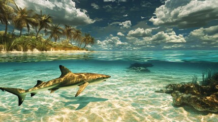 Blacktip reef shark hunting in a shallow, tropical lagoon