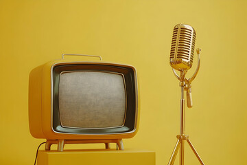 Retro radio, old TV, and golden microphone against a vibrant yellow background, a vintage setup
