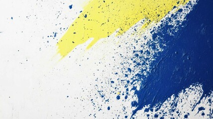 Abstract painting with yellow and blue splashes on a white background.