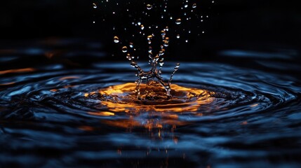 A close-up of water droplets splashing in a dark environment, creating ripples and reflections.