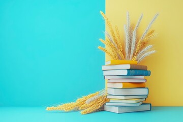 3D render of a stack of books along with yellow ears of grain lying near the books at the bottom and the Ukrainian flag behind the books on a ukrainian blue and yellow background, with generative ai