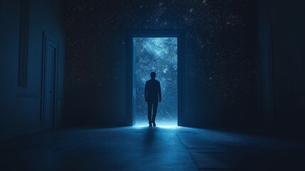 Man Walking Through Doorway to Starry Sky