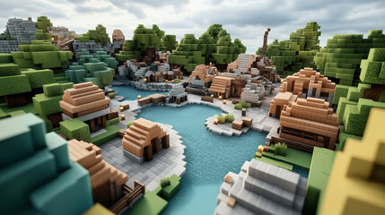 Pixelated landscape of a village with blocky houses, pathways, and a river, surrounded by green trees and rocky hills under a cloudy sky, resembling a video game environment.
