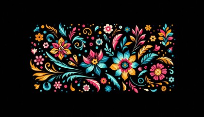 Background pattern of flowers, leaves and splashes in bright colors in a Mexican folk art style on a black background