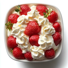 strawberries and cream isolated on white background with shadow. healthy dessert with strawberries and cream in bowl top view