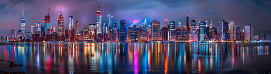 Fototapeta premium Panoramic view of the New York skyline at night, illuminated buildings reflecting in the water