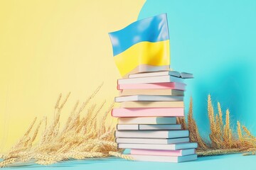 3D render of a stack of books along with yellow ears of grain lying near the books at the bottom and the Ukrainian flag behind the books on a ukrainian blue and yellow background, with generative ai