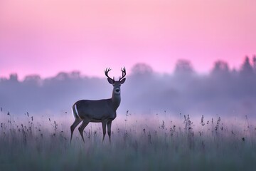 Deer silhouette in a meadow at dawn with a soft background of pink purple and light blue, Ai Generated