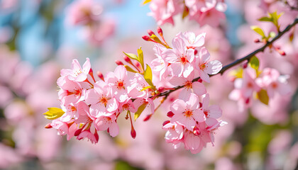 Obraz premium Pink cherry tree blossom flowers blooming in spring, easter time against a natural sunny blurred garden banner background of blue, yellow and white bokeh