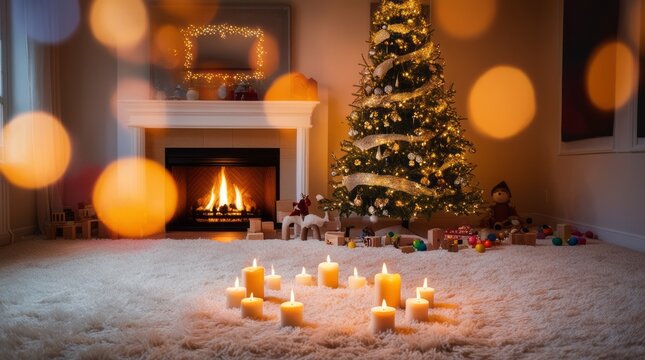 Warm living room featuring a glowing fireplace, lit Christmas tree, and candles. The cozy, festive setting invites relaxation and joyful holiday moments in a softly illuminated space. 