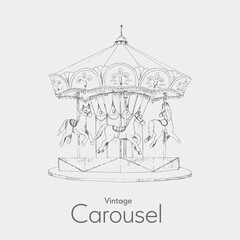 Vintage carousel with horses. Sketch. Engraving style. Vector illustration.