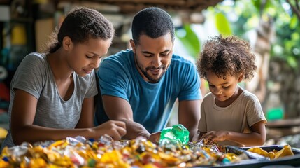 Family Sorting Through Recycling Together