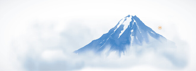 Blue mount Fuji with mist. Traditional Japanese ink wash painting sumi-e. Translation of hieroglyph - zen