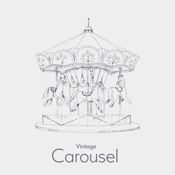 Vintage carousel with horses. Sketch. Engraving style. Vector illustration.