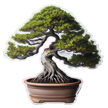 bonsai tree in pot, green leaves, white background clip art preview