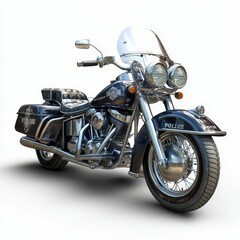 Black police motorcycle on white background.