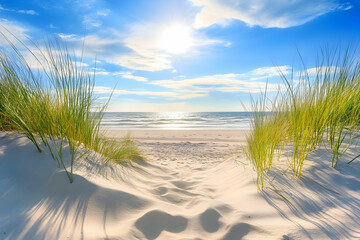 Sunlit beach sand, warm and inviting under the summer sun
