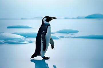 Fototapeta premium Penguin on an icy landscape with a cool toned background of blue aqua and icy white, Ai Generated