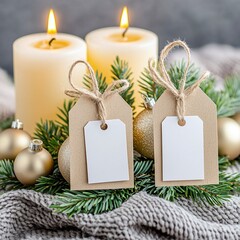 Cozy holiday scene with candles, decorative ornaments, and gift tags resting on soft blankets and greenery,cozy winter and mock up evoking warmth and festive cheer.