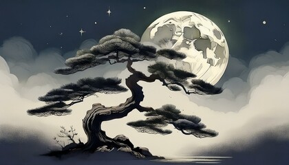 Naklejka premium Oriental painting of pine trees and a full moon on a quiet night