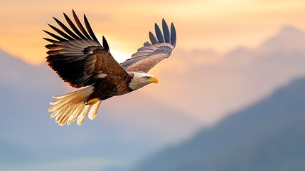 Obraz premium The silhouette of a majestic eagle soars gracefully through the sky, its outstretched wings catching the last rays of the setting sun