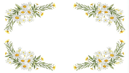 Obraz premium Flower frame with white daisies and green leaves isolated on white background