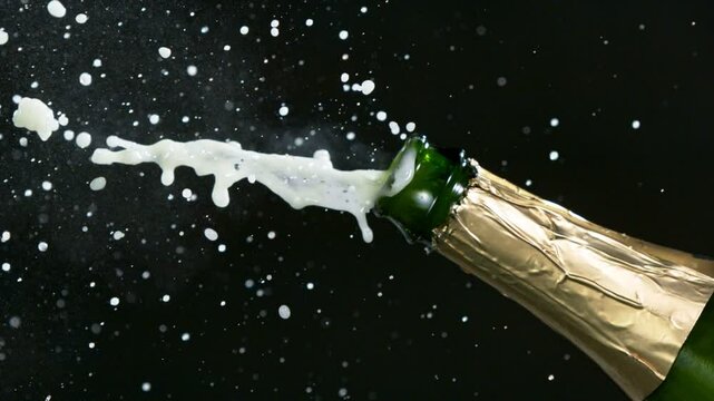 Super slow motion of Champagne explosion with flying cork closure, opening champagne bottle closeup. Filmed on high speed cinematic camera at 1000 frames per second.