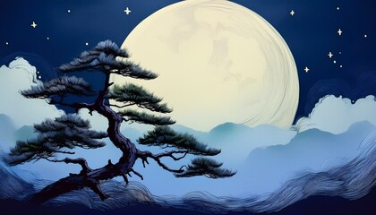 Oriental painting of pine trees and a full moon on a quiet night