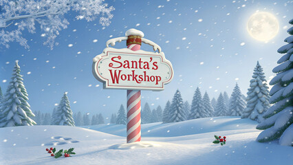 Santa's Workshop sign in snowy landscape, festive atmosphere, whimsical holiday spirit, copy space