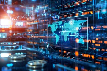 Bitcoin cryptocurrency showing world map on server farm background indicating global network