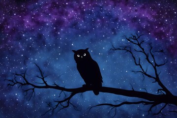 Silhouetted owl perched on a branch against a night sky in shades of dark blue violet, Ai Generated